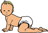 cartoon image of a baby in quadruped position, wearing a diaper